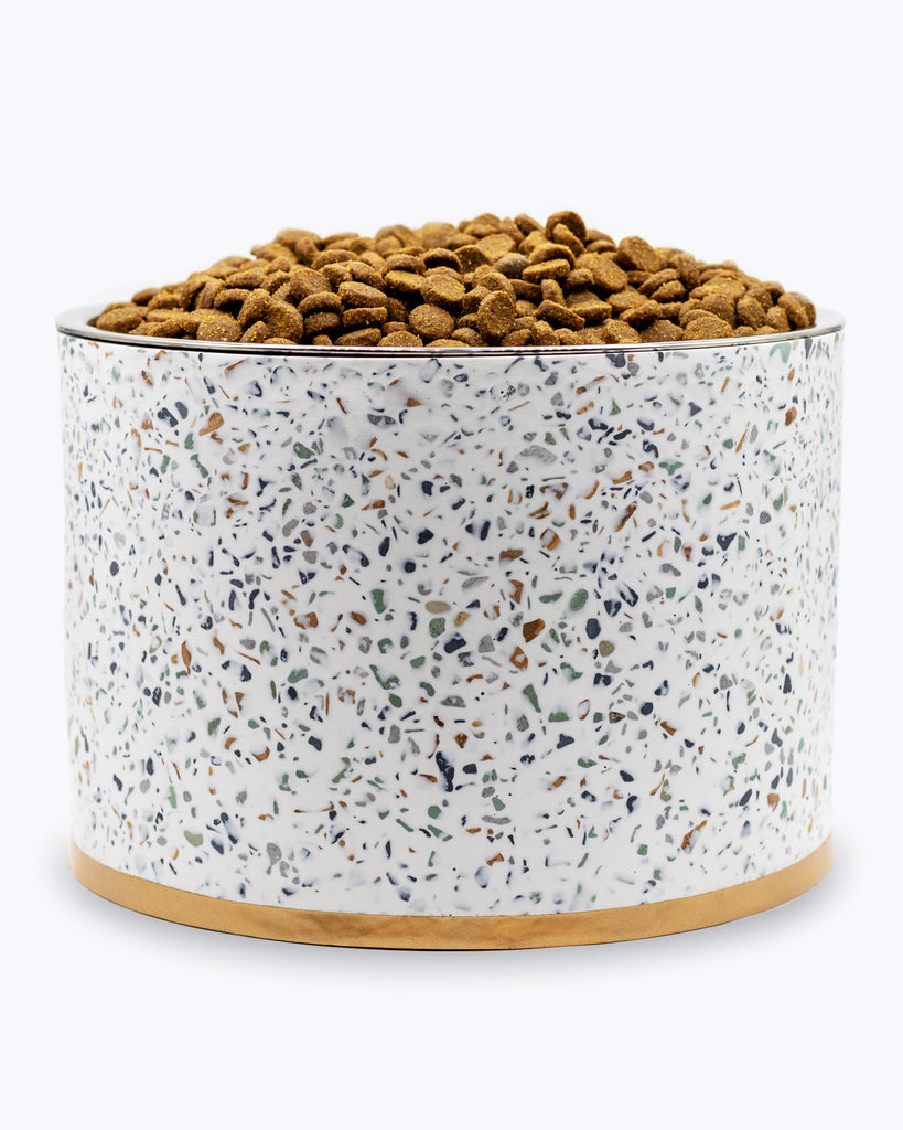 Large elevated Terrazzo dog bowl with food